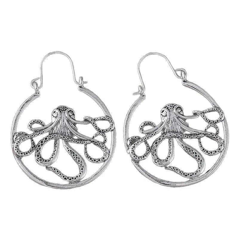 Vintage octopus earrings antique silver colour retro animal modelling zinc alloy electroplated