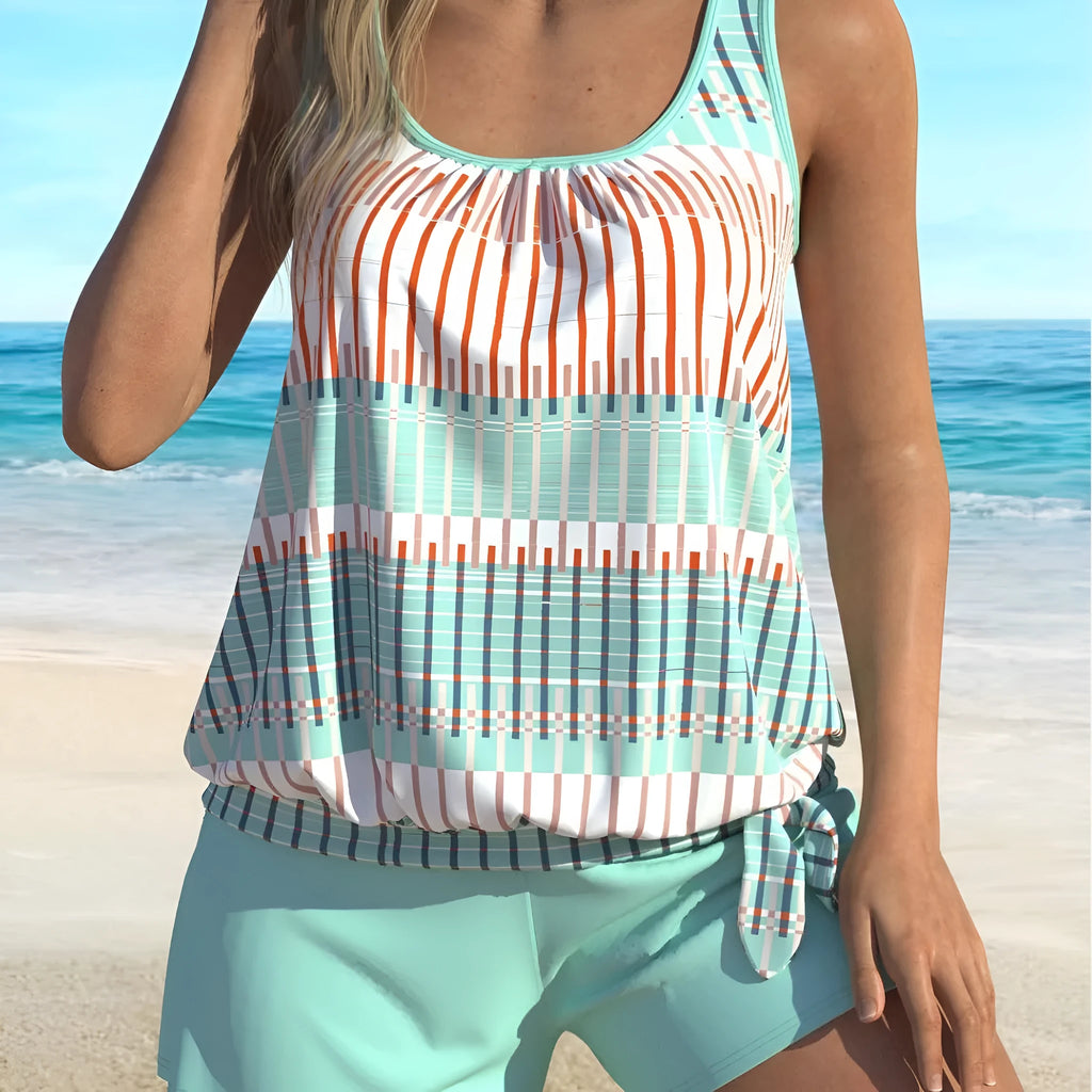 Women's plus size sky blue striped colour split bikini set on display, made from polyester fibre
