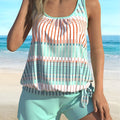 Women's plus size sky blue striped colour split bikini set on display, made from polyester fibre