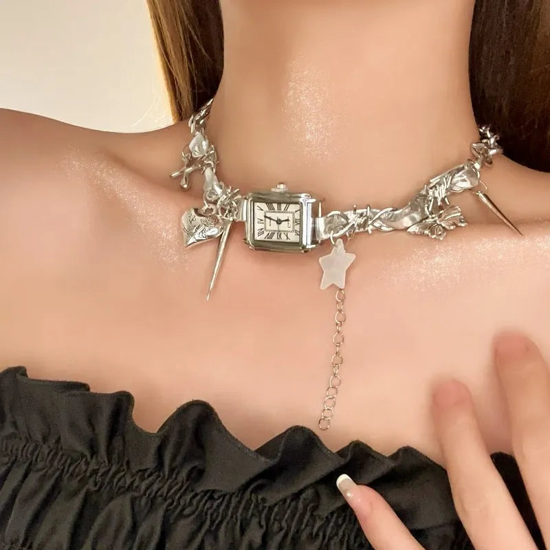 Dark multi-layer cross necklace for women with large hemp flower chain design, adjustable 41-50cm length.