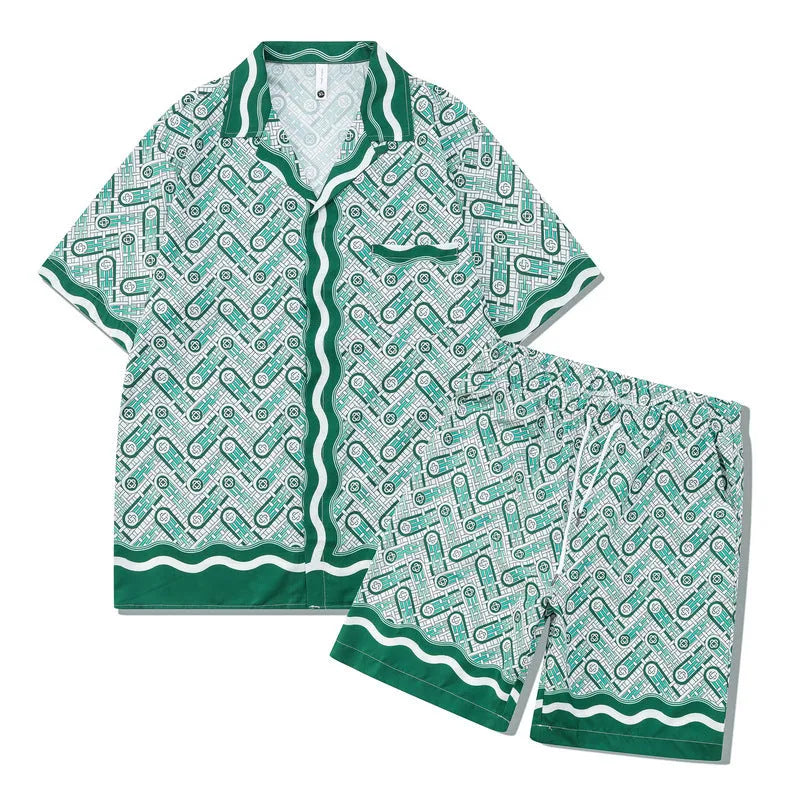 Plaid printed short sleeve shirt and trousers beach outfit set on a mannequin