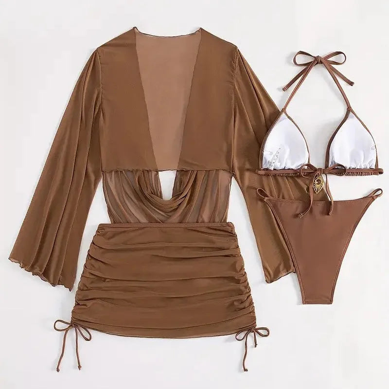Women's dark brown lace-up front bikini swimsuit with backless design and briefs bottom