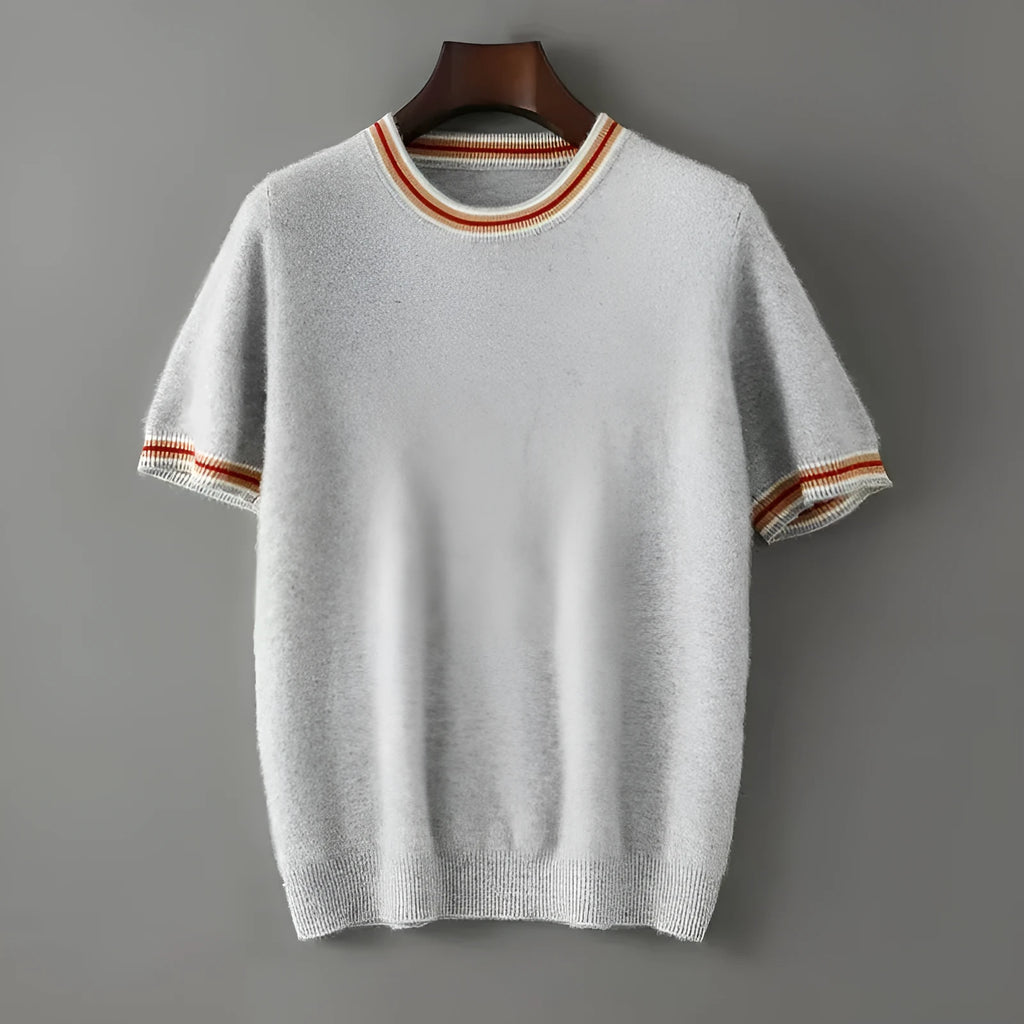 Men's grey pure wool short sleeve sweater with a round neck on a hanger.