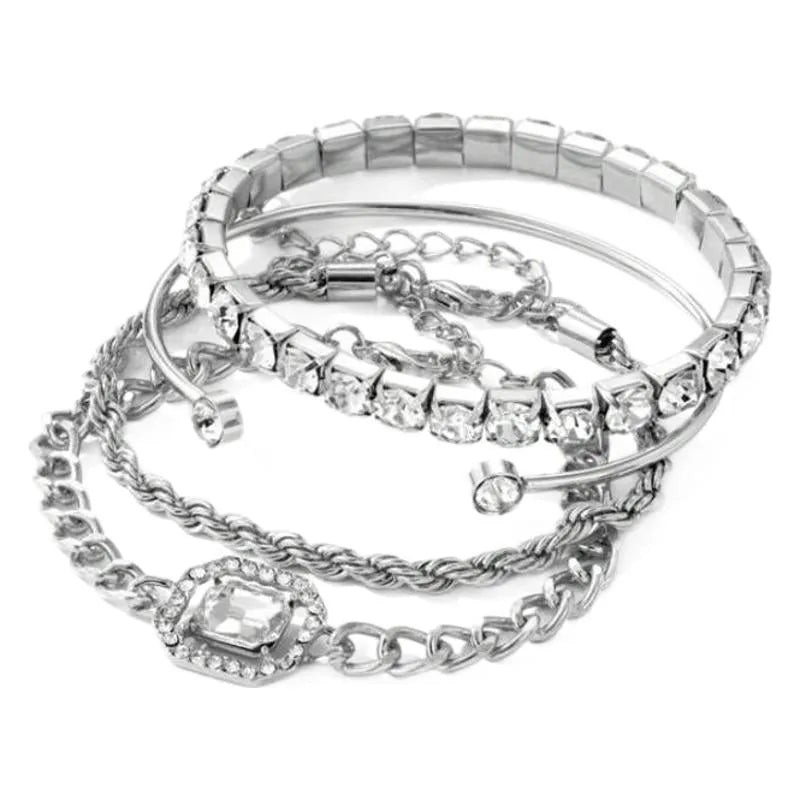 Women's artistic retro geometric alloy bracelet 4-piece set in gold or silver finish