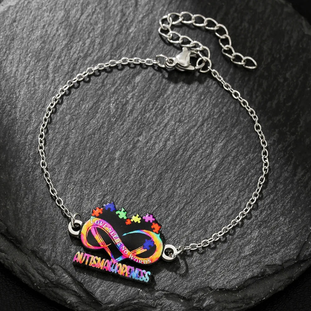 Stainless steel inspirational colour print necklace and bracelet set on a regular chain.