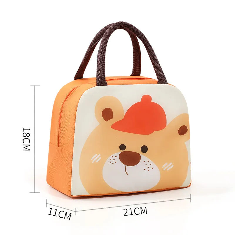 Cartoon insulated lunch box bag showing aluminium foil lining and Oxford cloth exterior