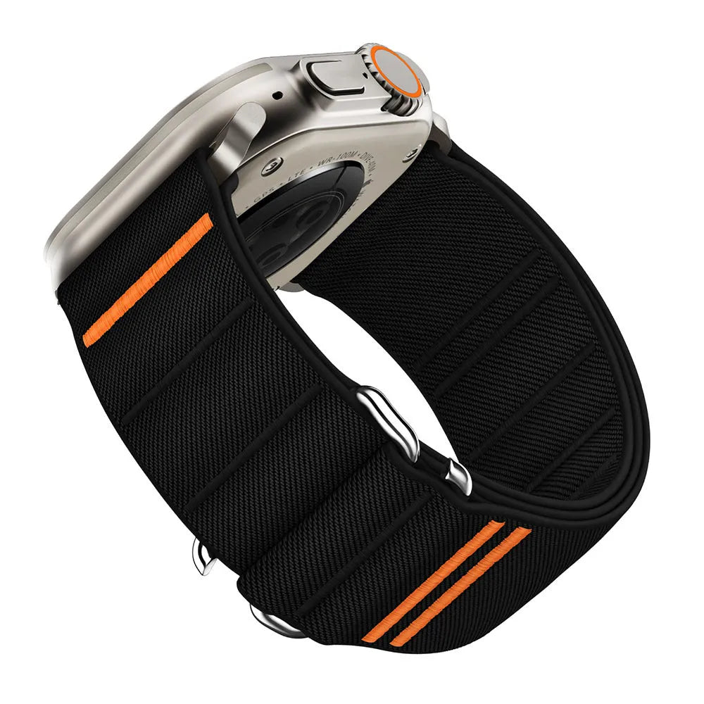 Elastic nylon Apple Watch replacement band with stainless steel buckle in multiple colour options.