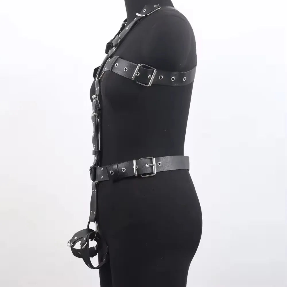 Black patent leather women's body shaper belt with adjustable pin buckle on mannequin