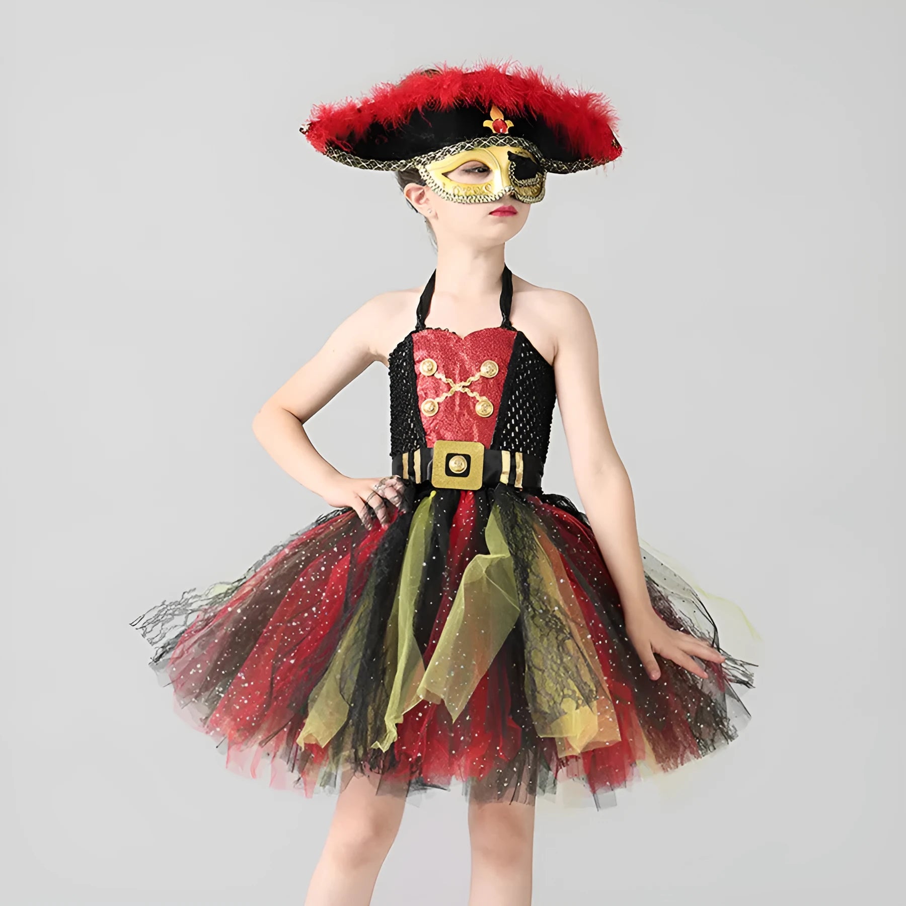 Girls' sleeveless pirate costume dress with black sequins, gauze mesh, and lace trim for Halloween.