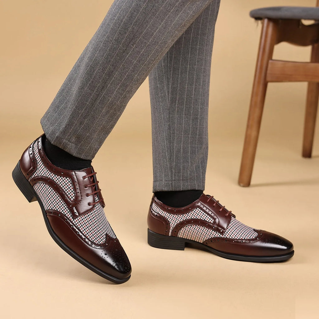Men's black houndstooth pattern canvas casual shoes with lace-up front and rubber sole.