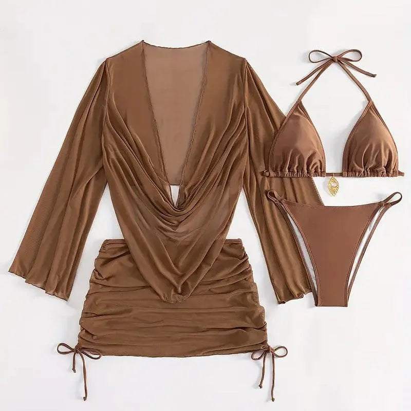 Women's dark brown lace-up front bikini swimsuit with backless design and briefs bottom