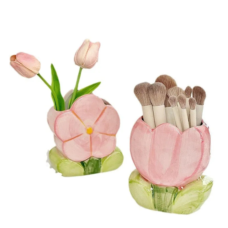Ceramic floral pen holder storage box on desk with blue flower pattern