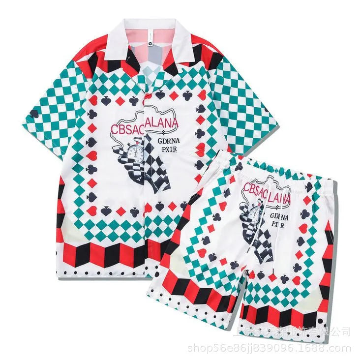 Plaid printed short sleeve shirt and trousers beach outfit set on a mannequin