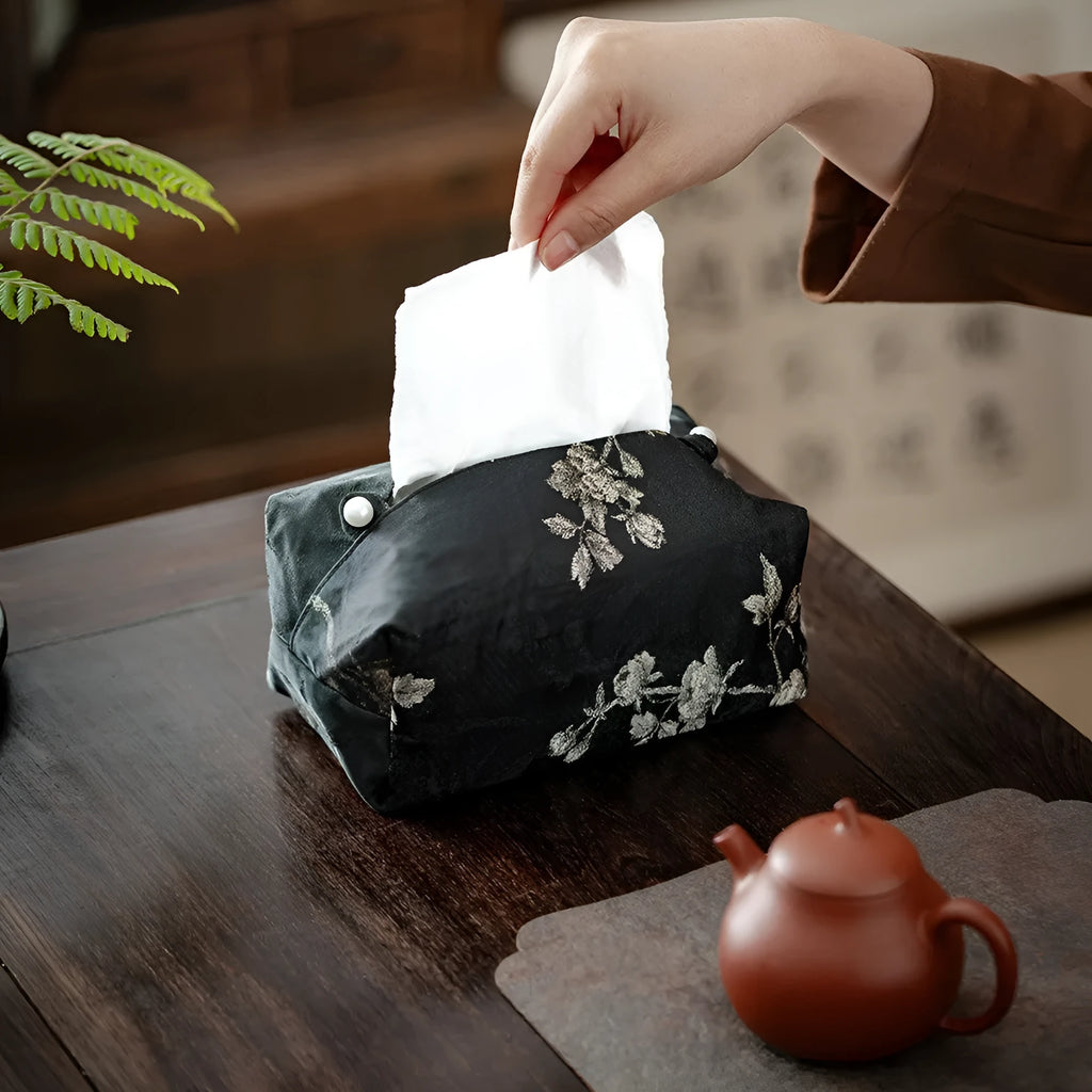 New Chinese style brocade tissue box cover with white plum embroidery pattern