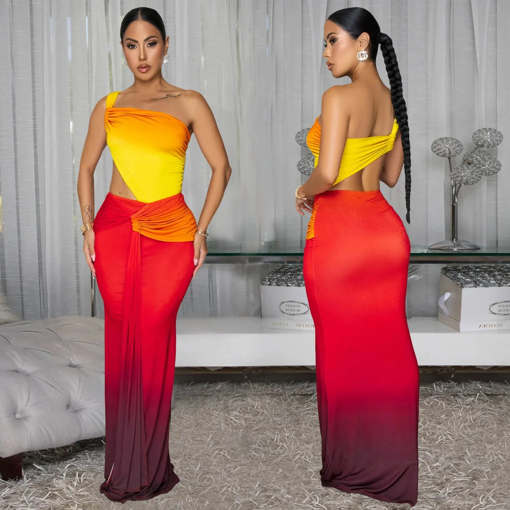Women's gradient colour oblique shoulder summer dress with high waist and long skirt