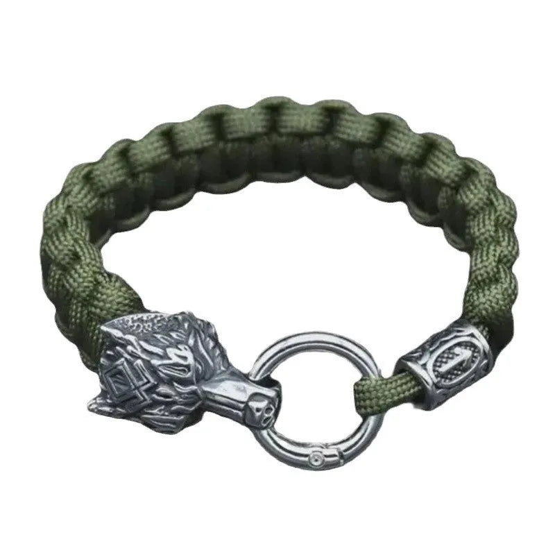 Polished stainless steel wolf head bracelet in camouflage colour showing animal modelling detail