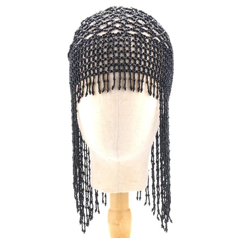Handmade alloy belly dance hat with decorative mesh in silver or black options and 16.5cm tassels
