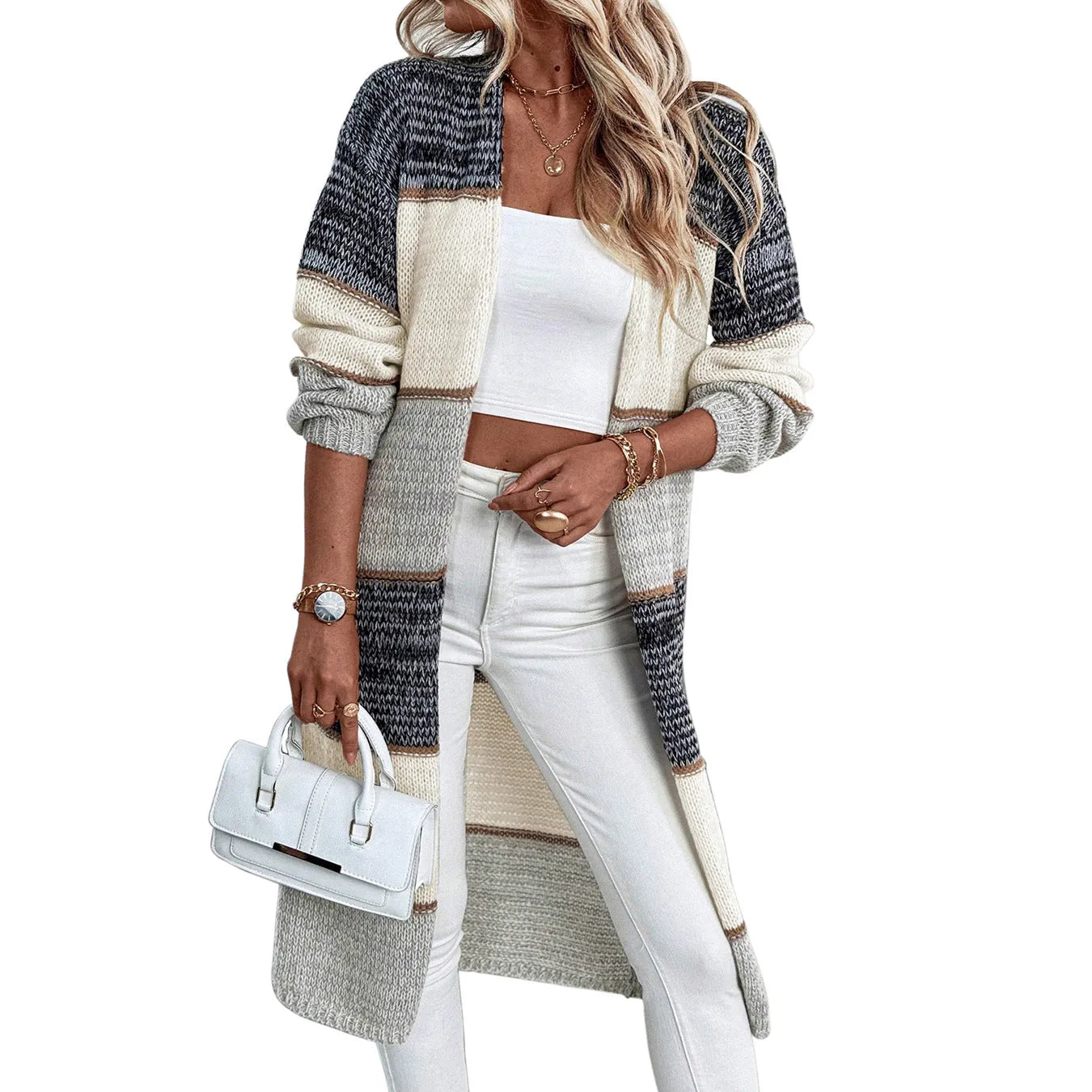 Grey loose-fit long knitted cardigan for women on a hanger, showing long sleeves and a stripe or plaid pattern.