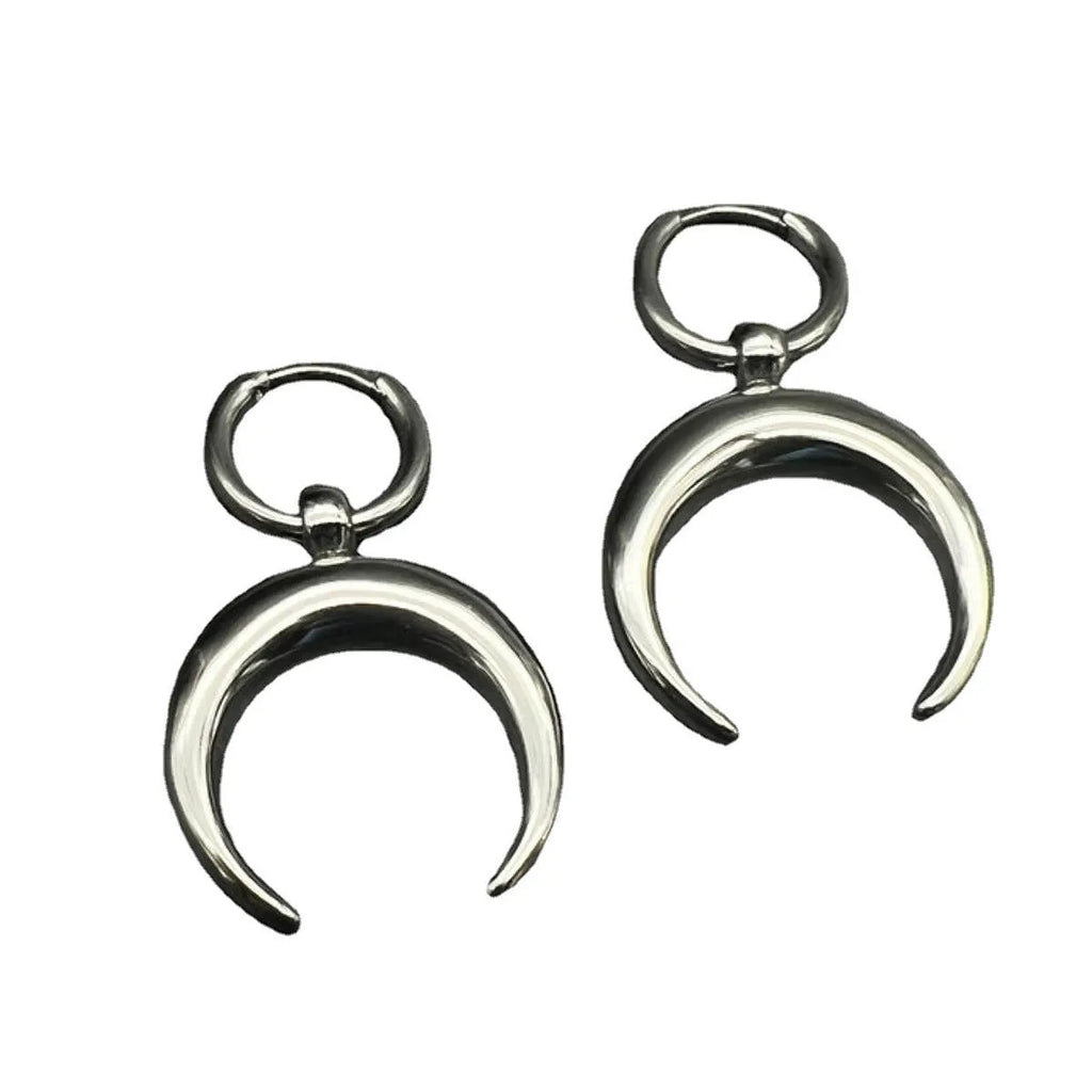 Silver gothic moon hoop ear clips with geometric design and 18K plating