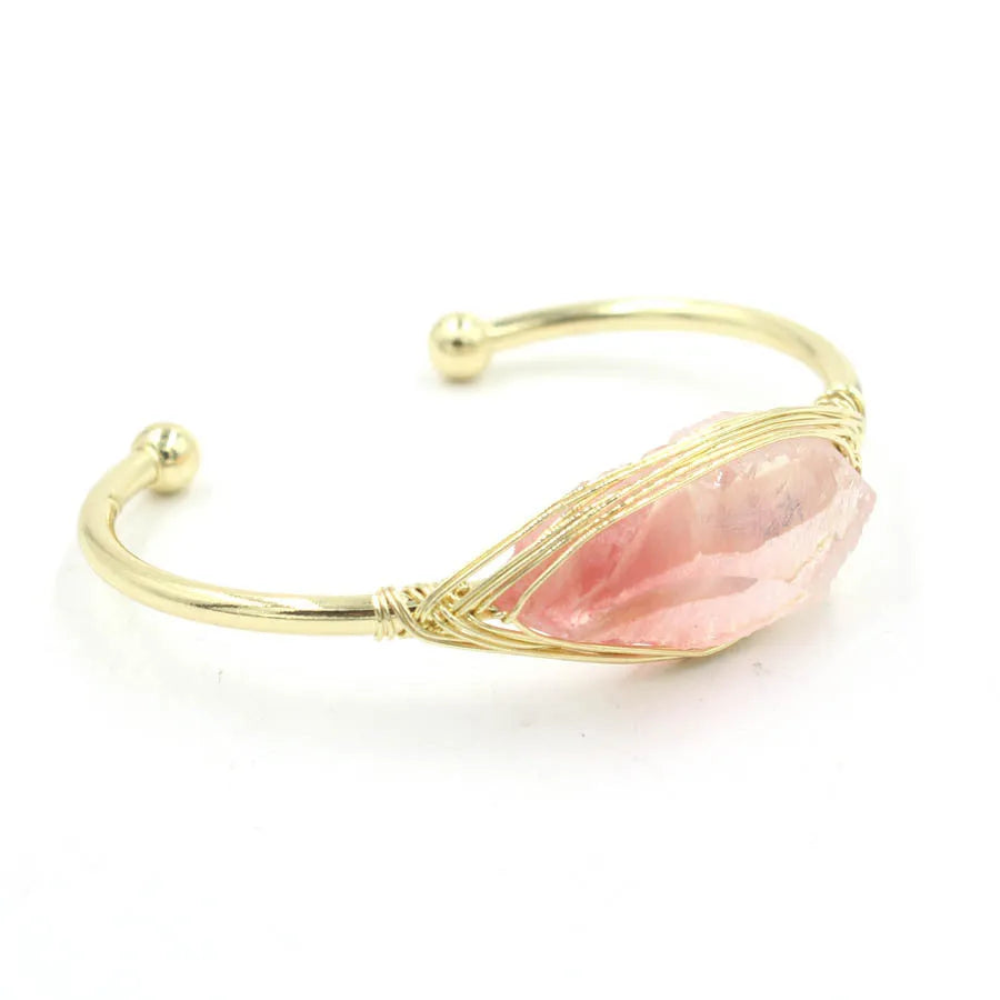 Natural raw gemstone crystal bracelet showing 8mm winding design with simple opening clasp in amethyst colour