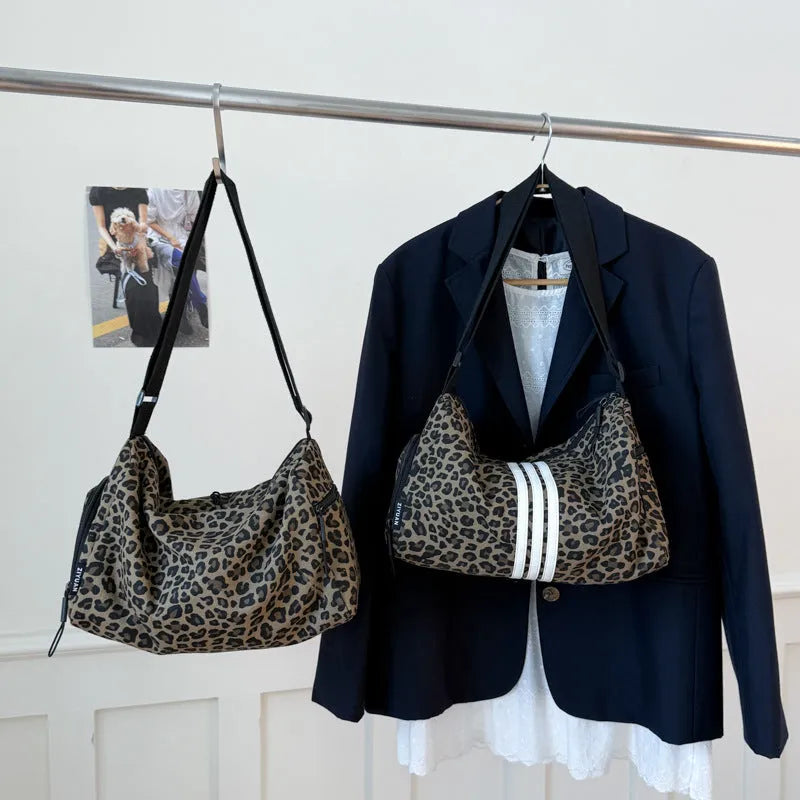 Large capacity leopard print sports style shoulder messenger bag with cross-body design
