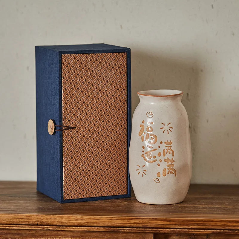 Chinese hand-painted ceramic joy vase with traditional carving on 8cm base in symbolic colour theme