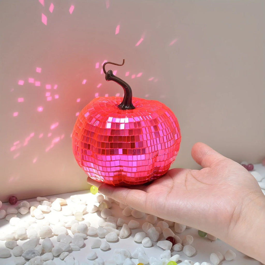 Glass pumpkin Halloween decoration with embroidered details in Chinese style, showing size options