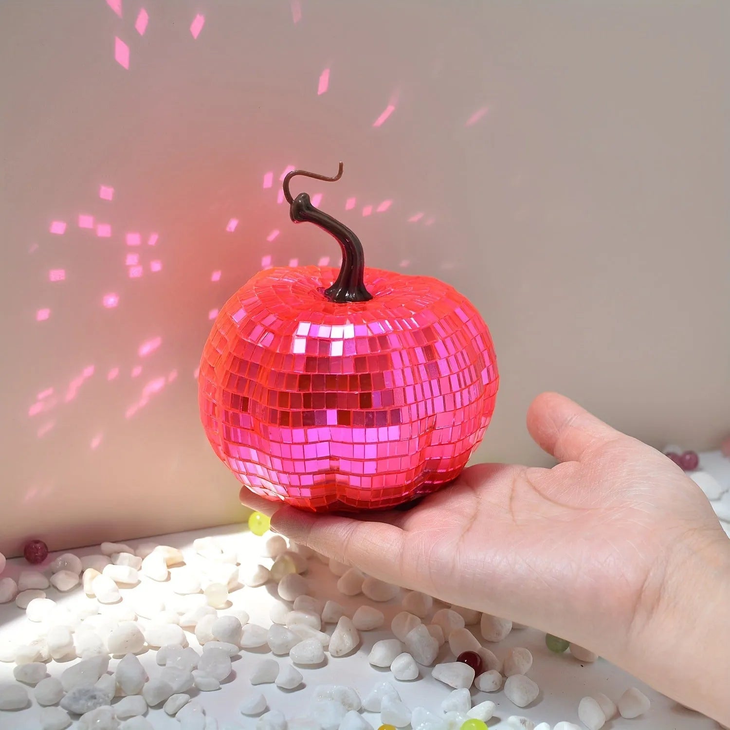 Glass pumpkin Halloween decoration with embroidered details in Chinese style, showing size options