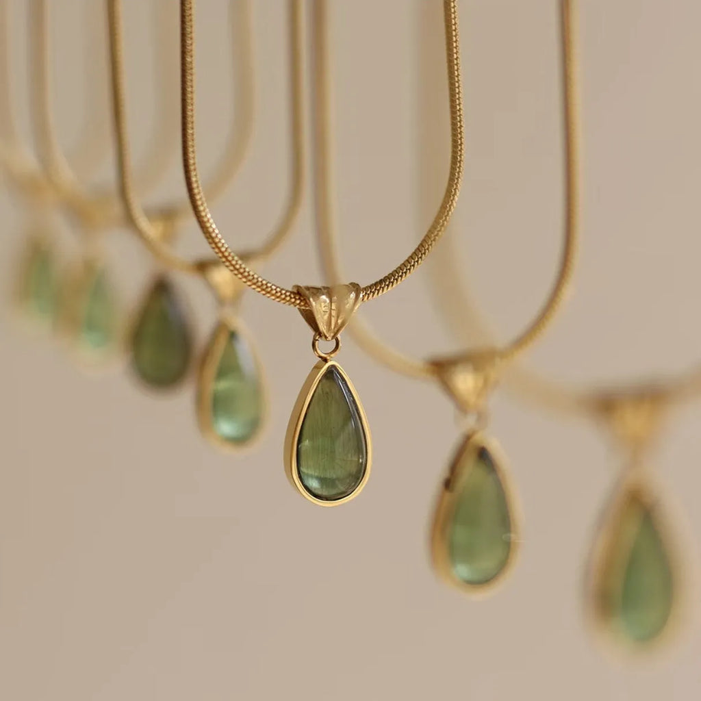 Retro water drop necklace with blue or green gemstone pendant on titanium steel snake bone chain