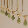 Retro water drop necklace with blue or green gemstone pendant on titanium steel snake bone chain