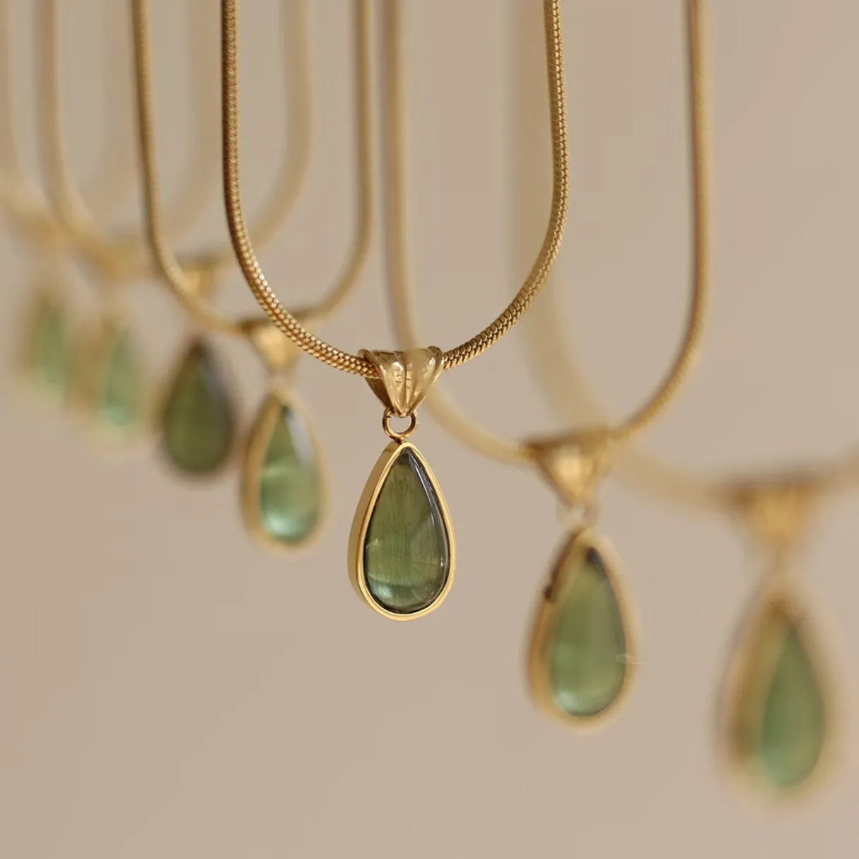 Retro water drop necklace with blue or green gemstone pendant on titanium steel snake bone chain