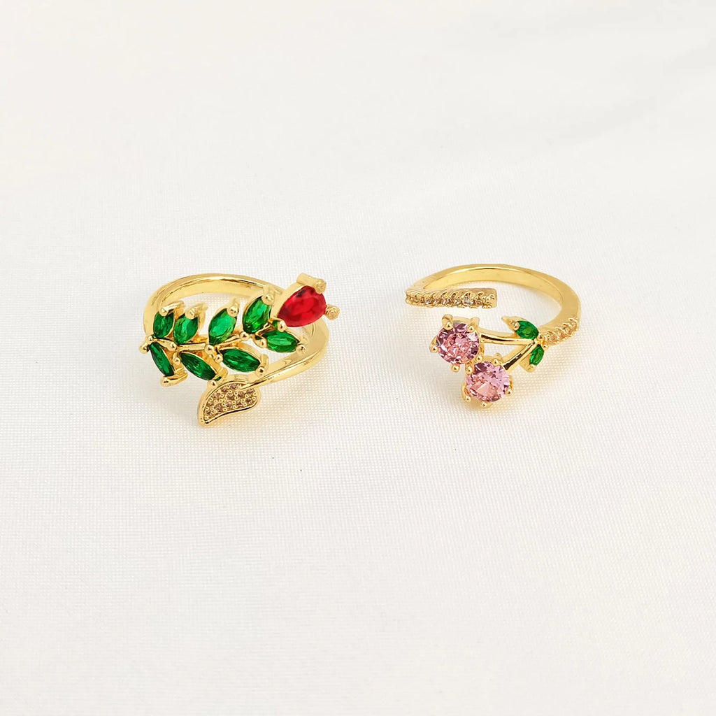 Copper geometric open ring with gold-toned zircon leaf design for women in two colour options
