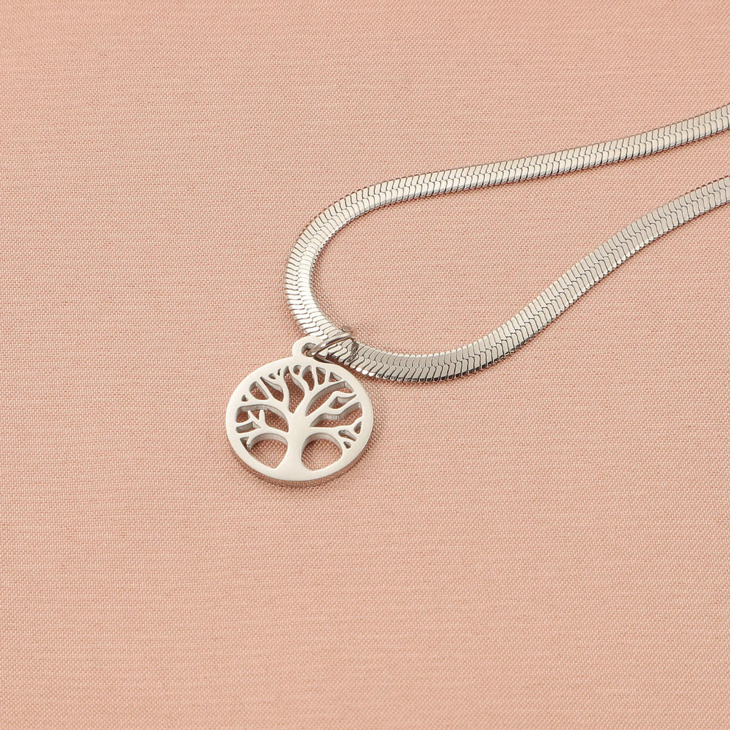Stainless steel necklace with tree pendant on snake bones chain in gold or steel colour