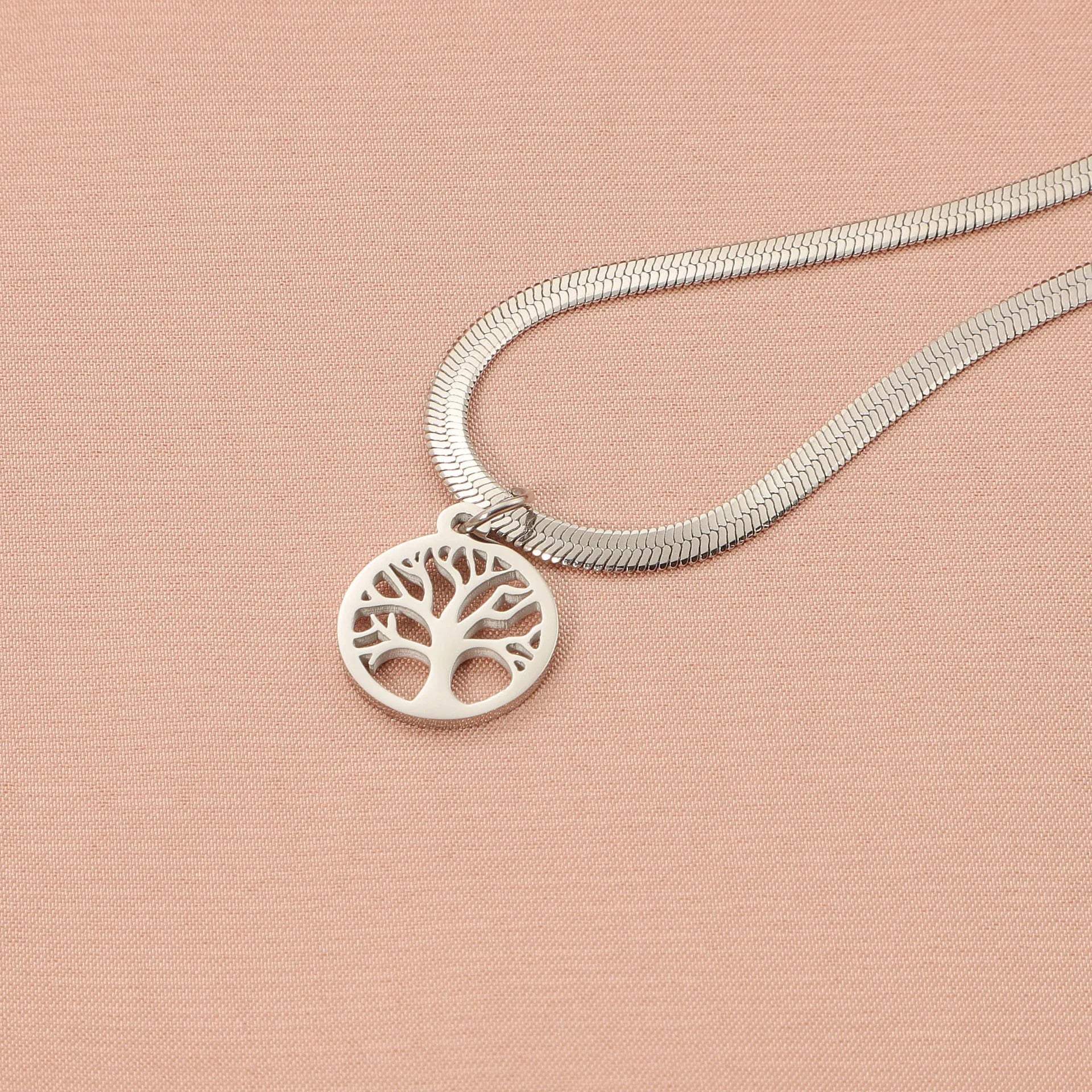 Stainless steel necklace with tree pendant on snake bones chain in gold or steel colour