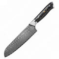 8-piece Damascus steel kitchen knife set with fishbone pattern, showing knives from 3.5-inch fruit knife to 8-inch chef knife.