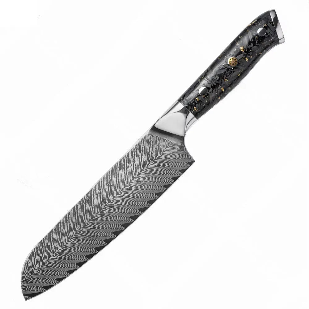 8-piece Damascus steel kitchen knife set with fishbone pattern, showing knives from 3.5-inch fruit knife to 8-inch chef knife.