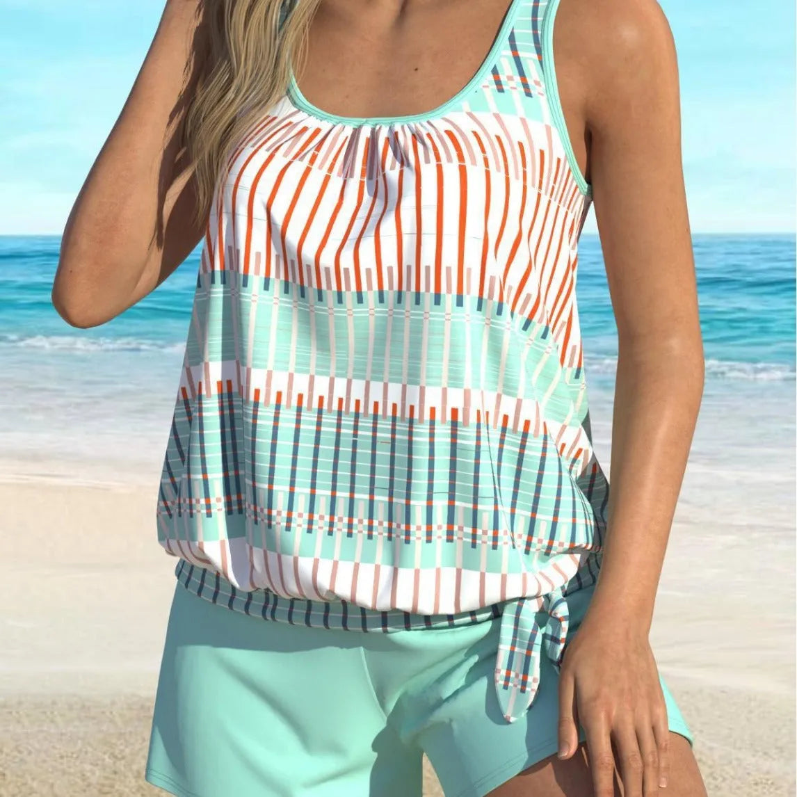 Women's plus size sky blue striped colour split bikini set on display, made from polyester fibre