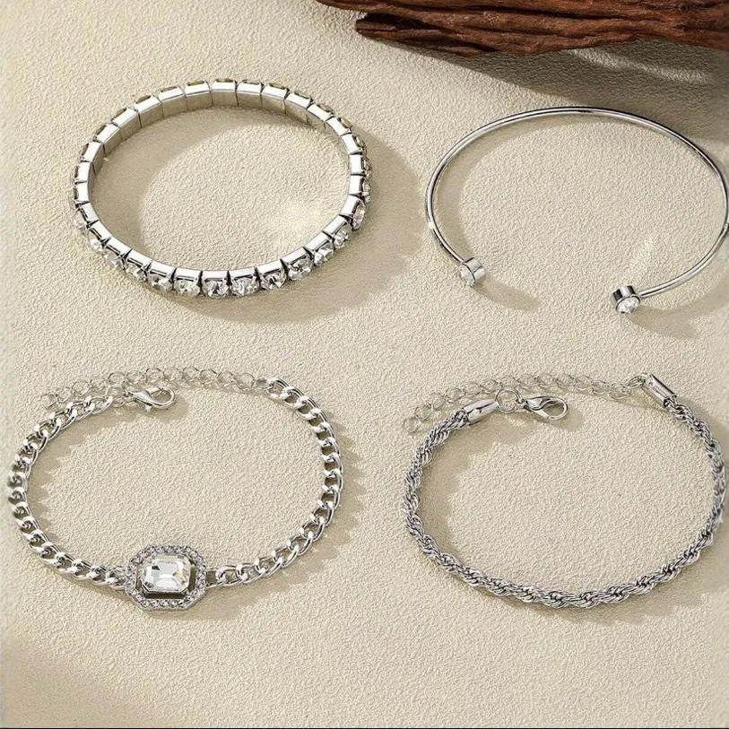 Women's artistic retro geometric alloy bracelet 4-piece set in gold or silver finish