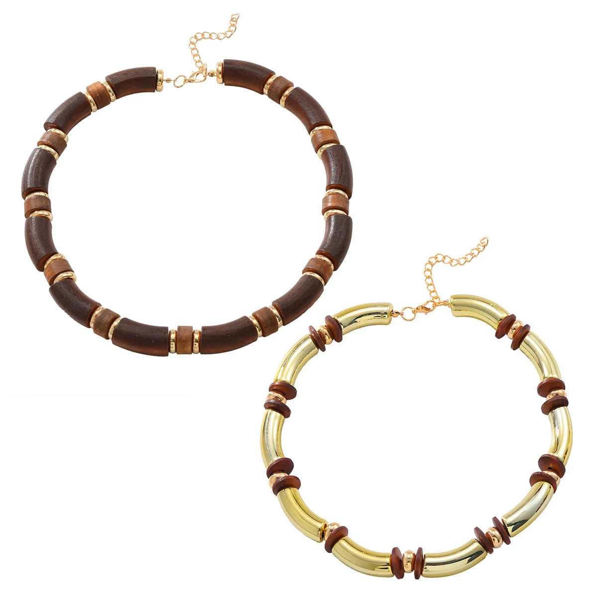 Women's multi-layer wooden necklace and bracelet set with alloy chain and round pendant elements