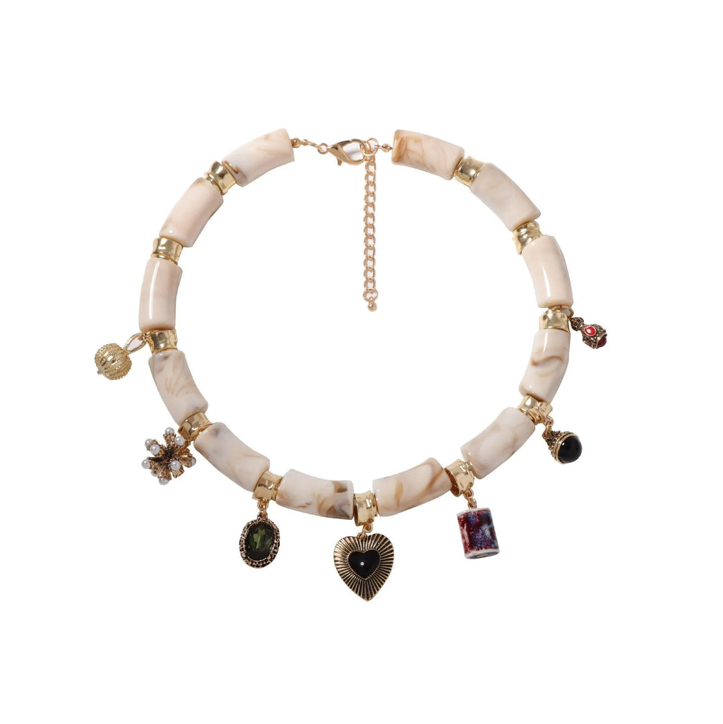 Women's heart-shaped bamboo and resin necklace with electroplated finish in picture colour