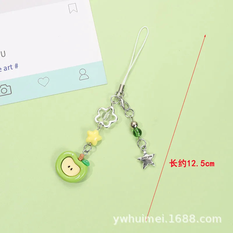 Fruit pattern plastic resin mobile phone charm keychain with rope attachment for iPhone cases