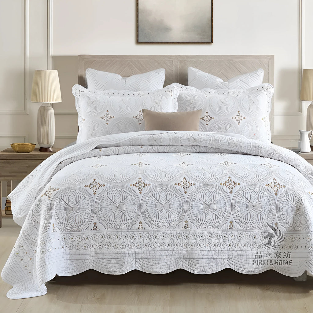 Double thick pure cotton bed cover set with embroidery for 1.8 metre bed