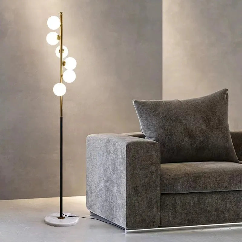 Modern minimalist floor lamp with wrought iron and glass design, marble base, 154cm height