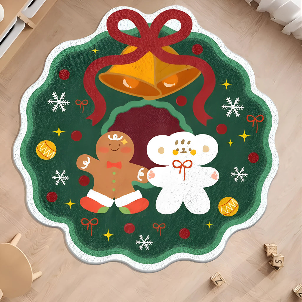 Round Christmas floor mat with holiday pattern in imitation cashmere material