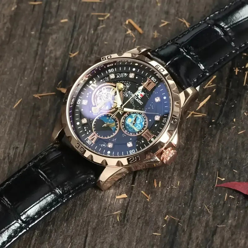 Men's black and rose gold automatic mechanical watch with large hollow dial and genuine leather strap