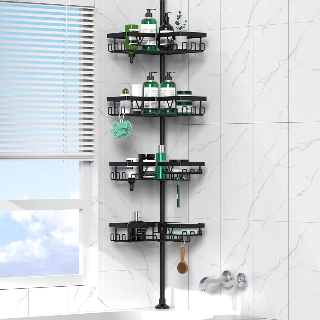 Modern stainless steel bathroom storage rack with four retractable shelves and hole-free wall mounting