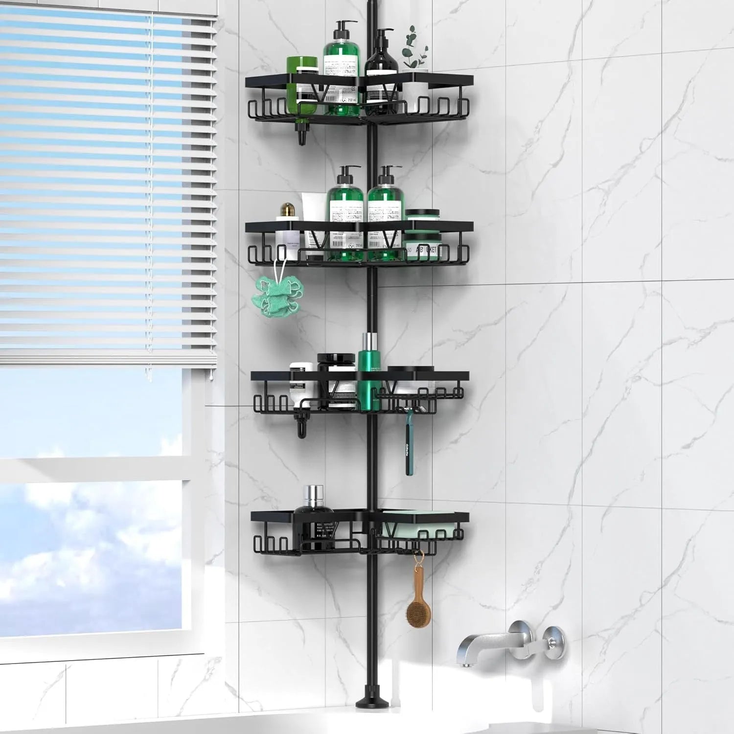 Modern stainless steel bathroom storage rack with four retractable shelves and hole-free wall mounting