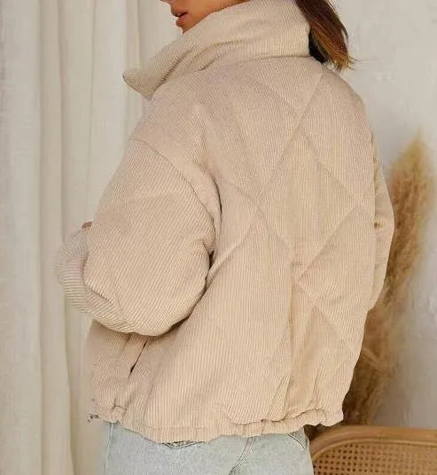 Apricot women's corduroy jacket with stand collar and front zipper