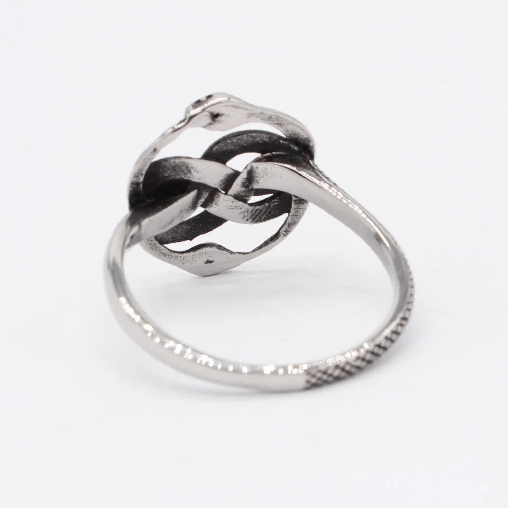 A titanium steel double snake ring in a steel colour retro style, shown on a finger.