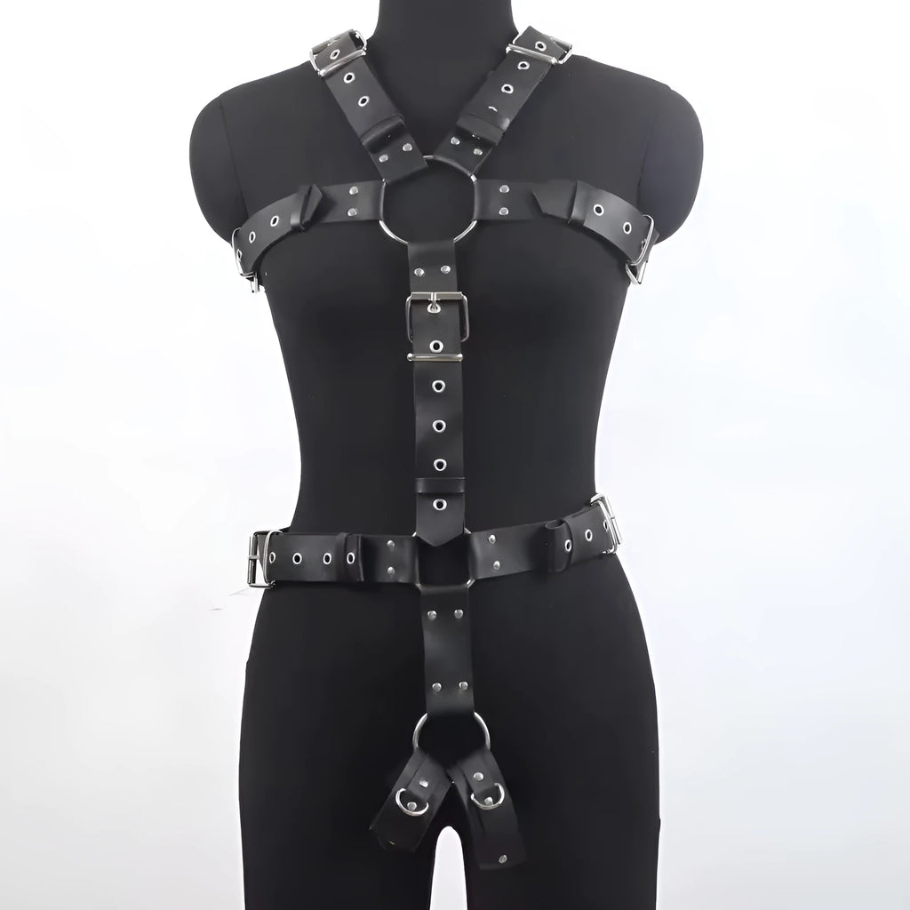 Black patent leather women's body shaper belt with adjustable pin buckle on mannequin